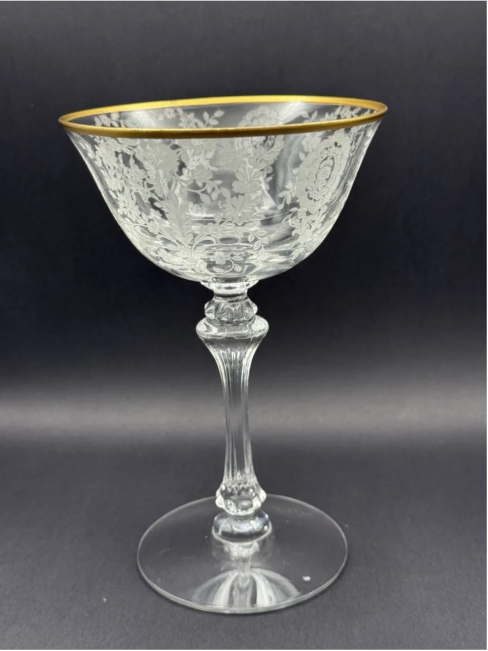 Tiffin Franciscan Etched Floral Champagne/Coupe Glass with Gold Rim - June Night